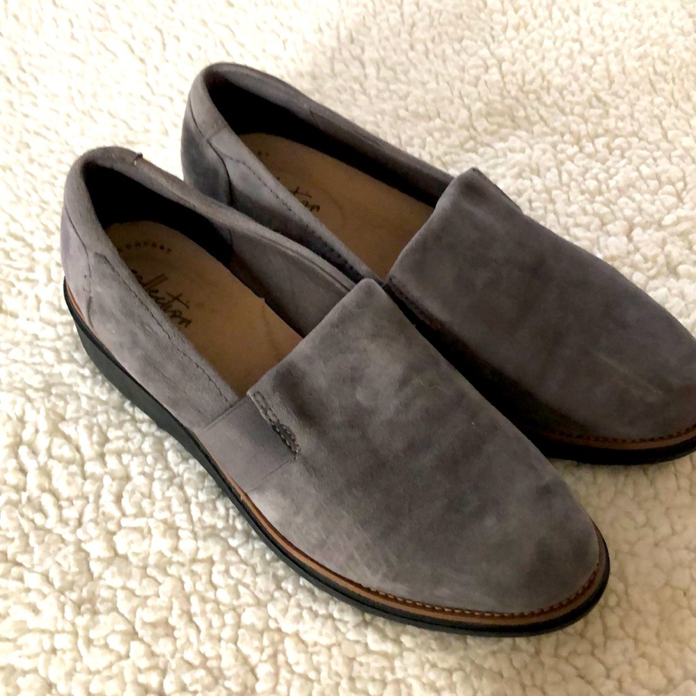 Clarks grey slip on wedge shoes